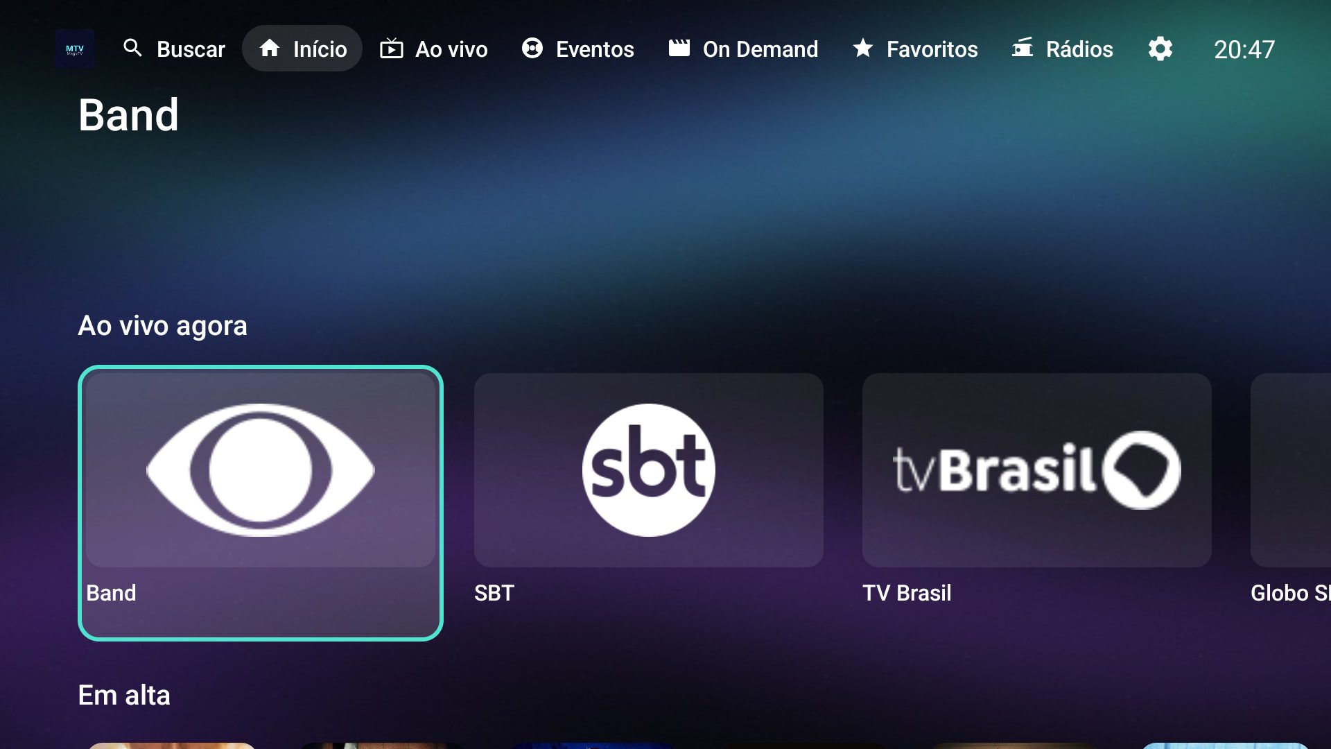 MagicTV na Android TV com o catálogo organizado