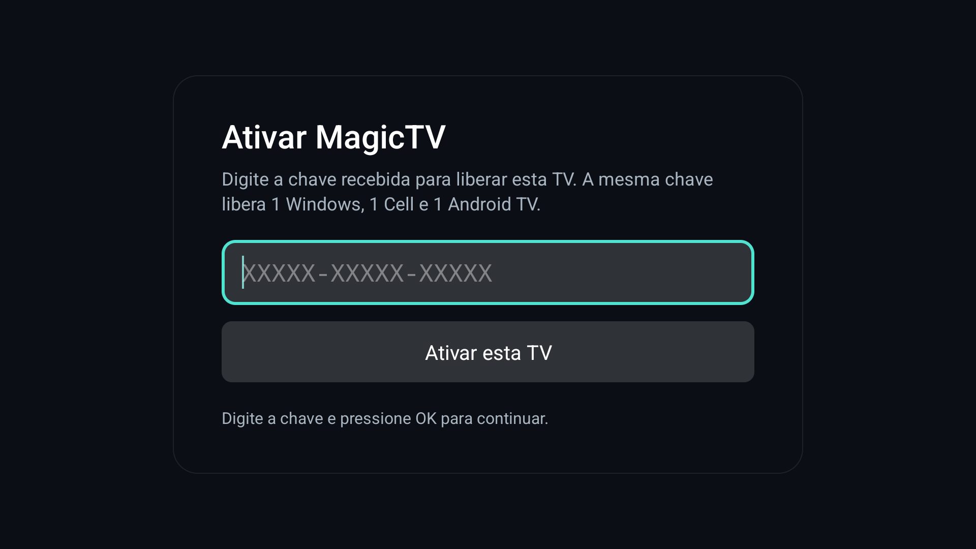 Tela de ativação da licença do MagicTV na Android TV